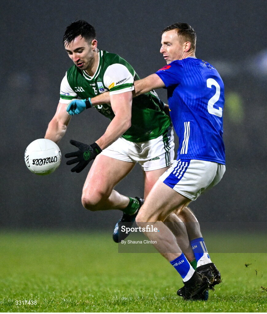 7 January 2026; Garvan Jones of Fermanagh is tackled by Jason McLoughlin of Cavan during the Bank of Ireland Dr McKenna Cup match between Fermanagh and Cavan at St Patrick's Park in Tempo, Fermanagh. Photo by Shauna Clinton/Sportsfile