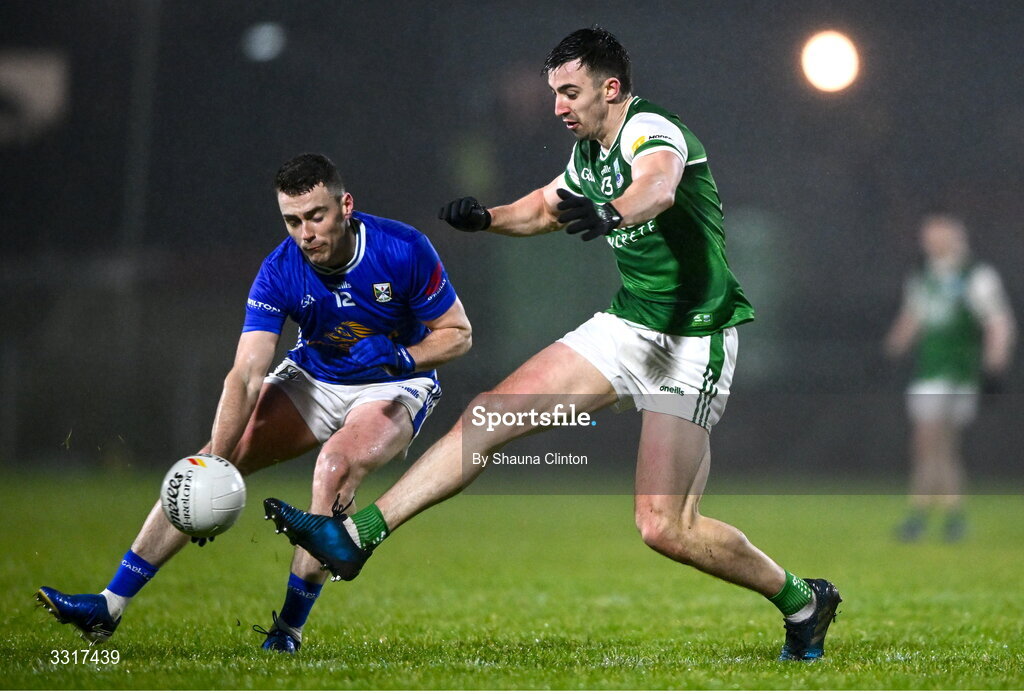 7 January 2026; Garvan Jones of Fermanagh in action against Peter Corrigan of Cavan during the Bank of Ireland Dr McKenna Cup match between Fermanagh and Cavan at St Patrick's Park in Tempo, Fermanagh. Photo by Shauna Clinton/Sportsfile