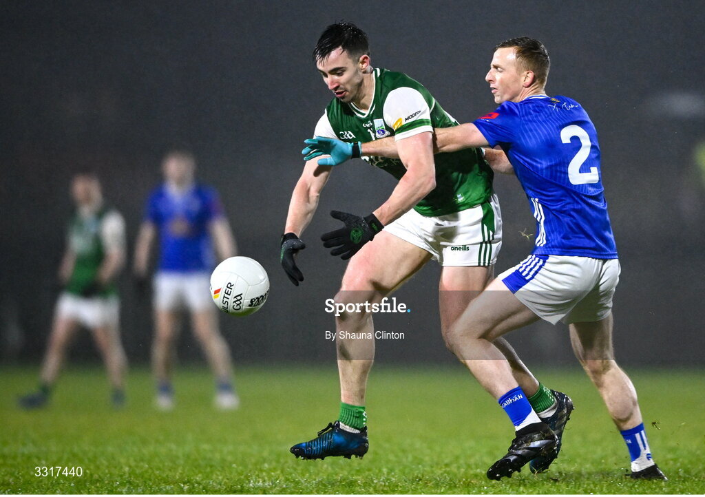 7 January 2026; Garvan Jones of Fermanagh is tackled by Jason McLoughlin of Cavan during the Bank of Ireland Dr McKenna Cup match between Fermanagh and Cavan at St Patrick's Park in Tempo, Fermanagh. Photo by Shauna Clinton/Sportsfile