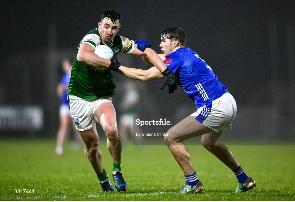 7 January 2026; Garvan Jones of Fermanagh is tackled by Paddy Meade of Cavan during the Bank of Ireland Dr McKenna Cup match between Fermanagh and Cavan at St Patrick's Park in Tempo, Fermanagh. Photo by Shauna Clinton/Sportsfile