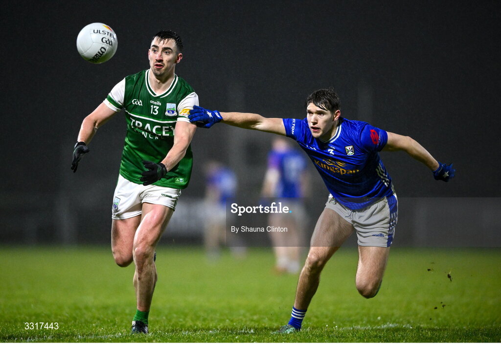 7 January 2026; Garvan Jones of Fermanagh is tackled by Paddy Meade of Cavan during the Bank of Ireland Dr McKenna Cup match between Fermanagh and Cavan at St Patrick's Park in Tempo, Fermanagh. Photo by Shauna Clinton/Sportsfile