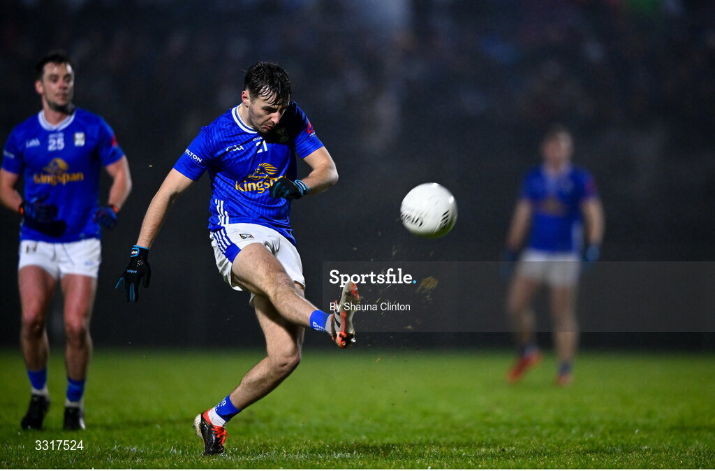 7 January 2026; Cian Shekleton of Cavan kicks a point during the Bank of Ireland Dr McKenna Cup match between Fermanagh and Cavan at St Patrick's Park in Tempo, Fermanagh. Photo by Shauna Clinton/Sportsfile