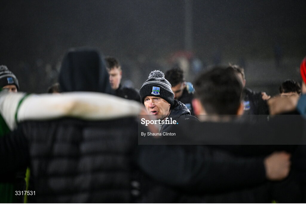 7 January 2026; Fermanagh manager Declan Bonner speaks to his players after their side's victory in the Bank of Ireland Dr McKenna Cup match between Fermanagh and Cavan at St Patrick's Park in Tempo, Fermanagh. Photo by Shauna Clinton/Sportsfile