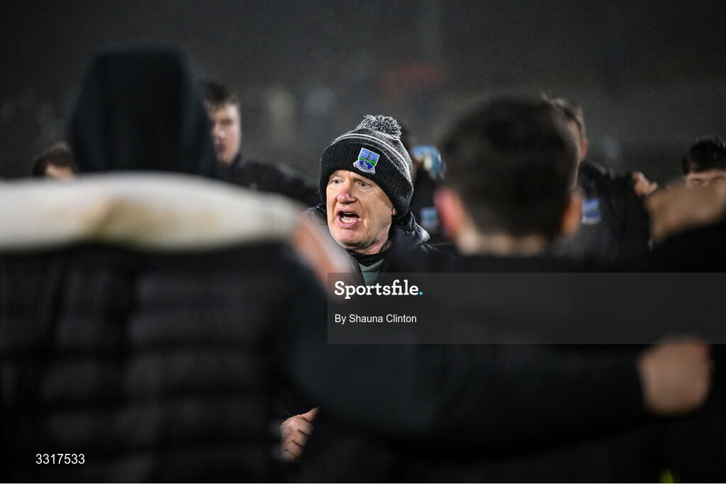 7 January 2026; Fermanagh manager Declan Bonner speaks to his players after their side's victory in the Bank of Ireland Dr McKenna Cup match between Fermanagh and Cavan at St Patrick's Park in Tempo, Fermanagh. Photo by Shauna Clinton/Sportsfile