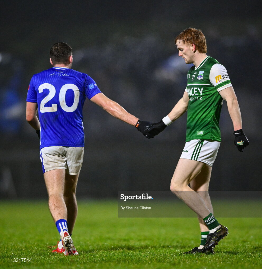 7 January 2026; Aogan Kelm of Fermanagh and Ryan Tobin of Cavan shake hands after the Bank of Ireland Dr McKenna Cup match between Fermanagh and Cavan at St Patrick's Park in Tempo, Fermanagh. Photo by Shauna Clinton/Sportsfile