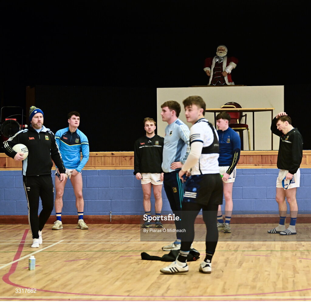 6 January 2026; A general view of a Santa Claus on the stage in the hall as Tipperary players warm-up before the McGrath Cup match between Tipperary and Cork at Cappawhite GAA Club in Tipperary. Photo by Piaras Ó Mídheach/Sportsfile