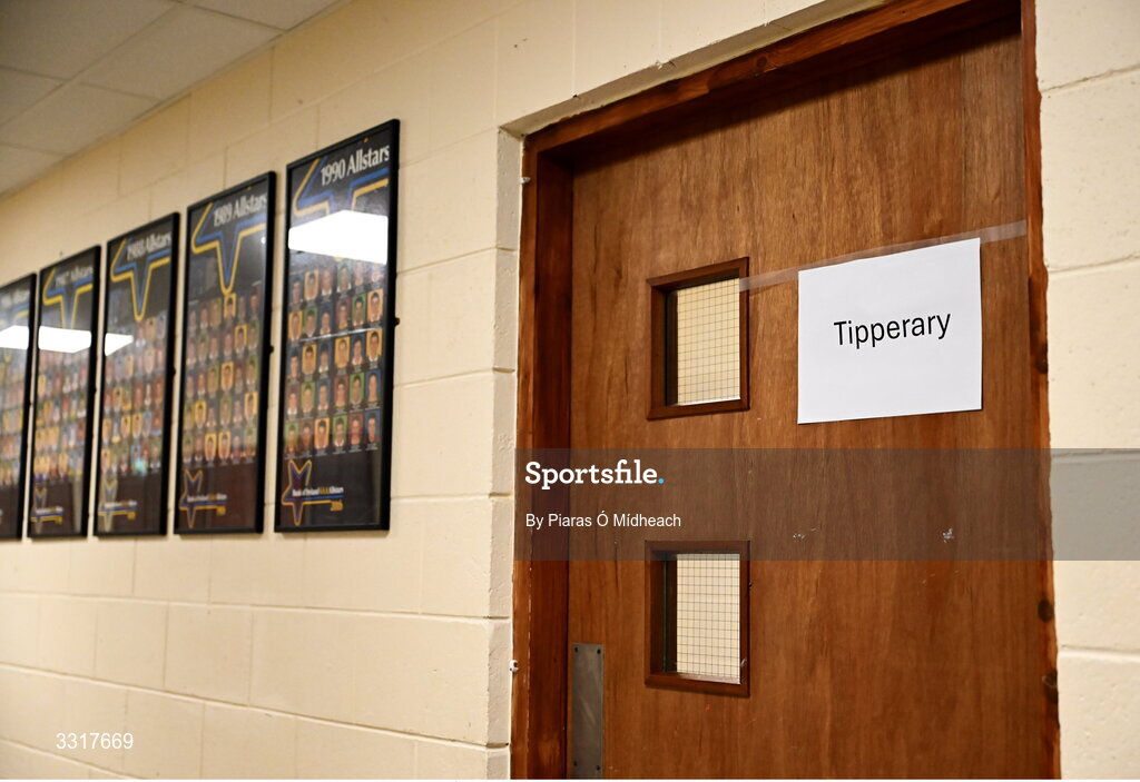 6 January 2026; The Tipperary dressing room door before the McGrath Cup match between Tipperary and Cork at Cappawhite GAA Club in Tipperary. Photo by Piaras Ó Mídheach/Sportsfile