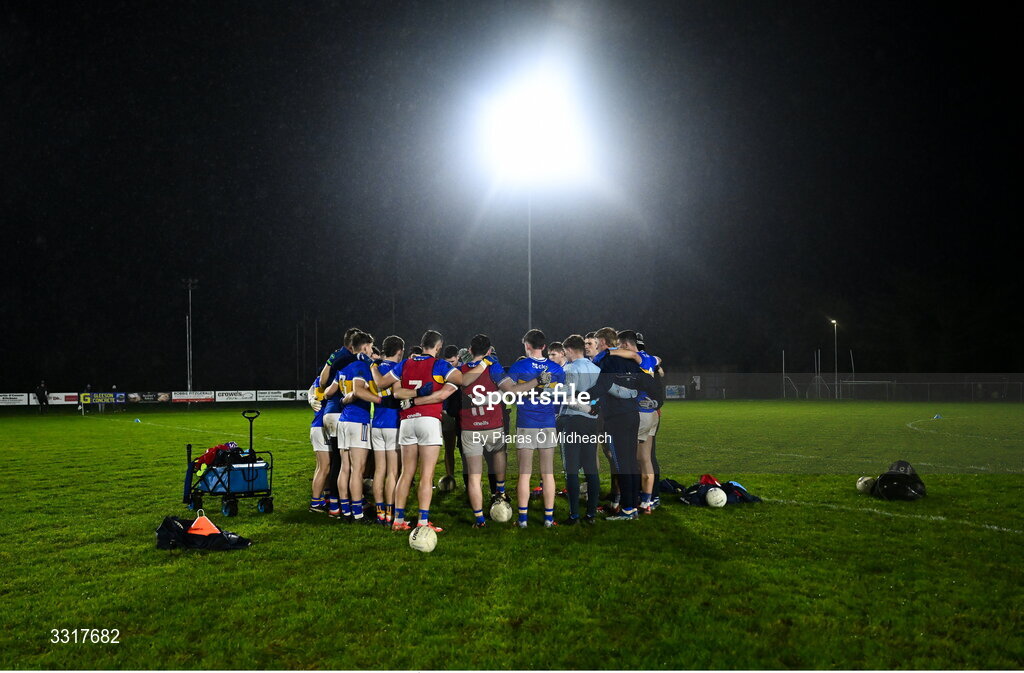 6 January 2026; Tipperary players in a huddle before the McGrath Cup match between Tipperary and Cork at Cappawhite GAA Club in Tipperary. Photo by Piaras Ó Mídheach/Sportsfile