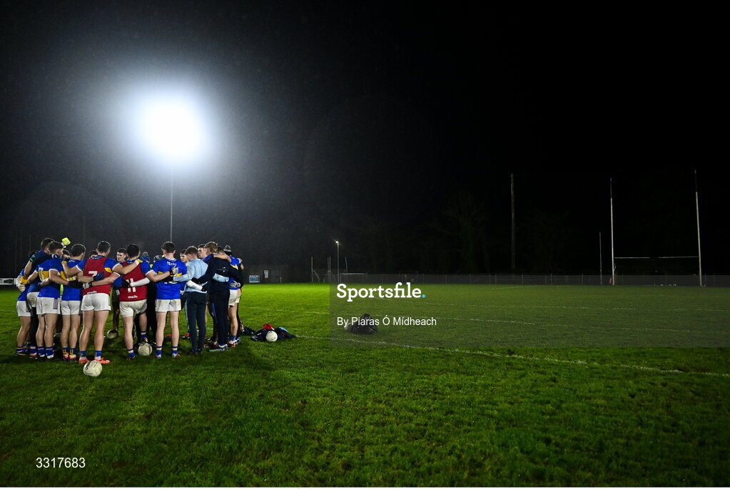 6 January 2026; Tipperary players in a huddle before the McGrath Cup match between Tipperary and Cork at Cappawhite GAA Club in Tipperary. Photo by Piaras Ó Mídheach/Sportsfile