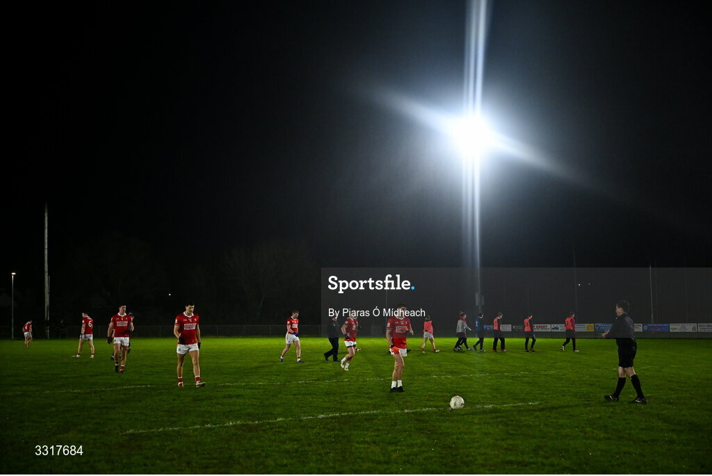 6 January 2026; Cork players make their way to their positions before the McGrath Cup match between Tipperary and Cork at Cappawhite GAA Club in Tipperary. Photo by Piaras Ó Mídheach/Sportsfile