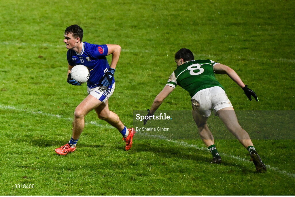 7 January 2026; Tiarnan Madden of Cavan in action against Joe McDade of Fermanagh during the Bank of Ireland Dr McKenna Cup match between Fermanagh and Cavan at Tempo Maguires GAC in Tempo, Fermanagh. Photo by Shauna Clinton/Sportsfile