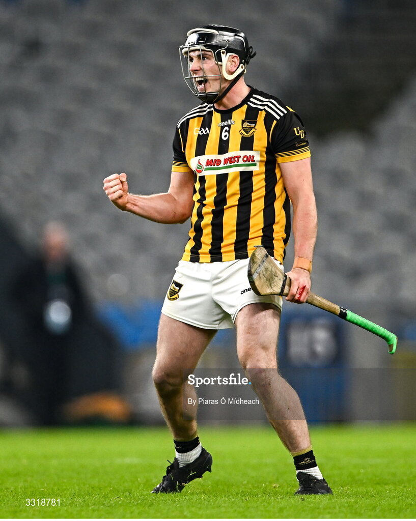 10 January 2026; Gavin Ryan of Upperchurch-Drombane celebrates after scoring the equalising point in second half injury-time, to send the match to extra-time, during the AIB GAA Hurling All-Ireland Intermediate Club Championship final match between Tooreen of Mayo and Upperchurch-Drombane of Tipperary at Croke Park in Dublin. Photo by Piaras Ó Mídheach/Sportsfile