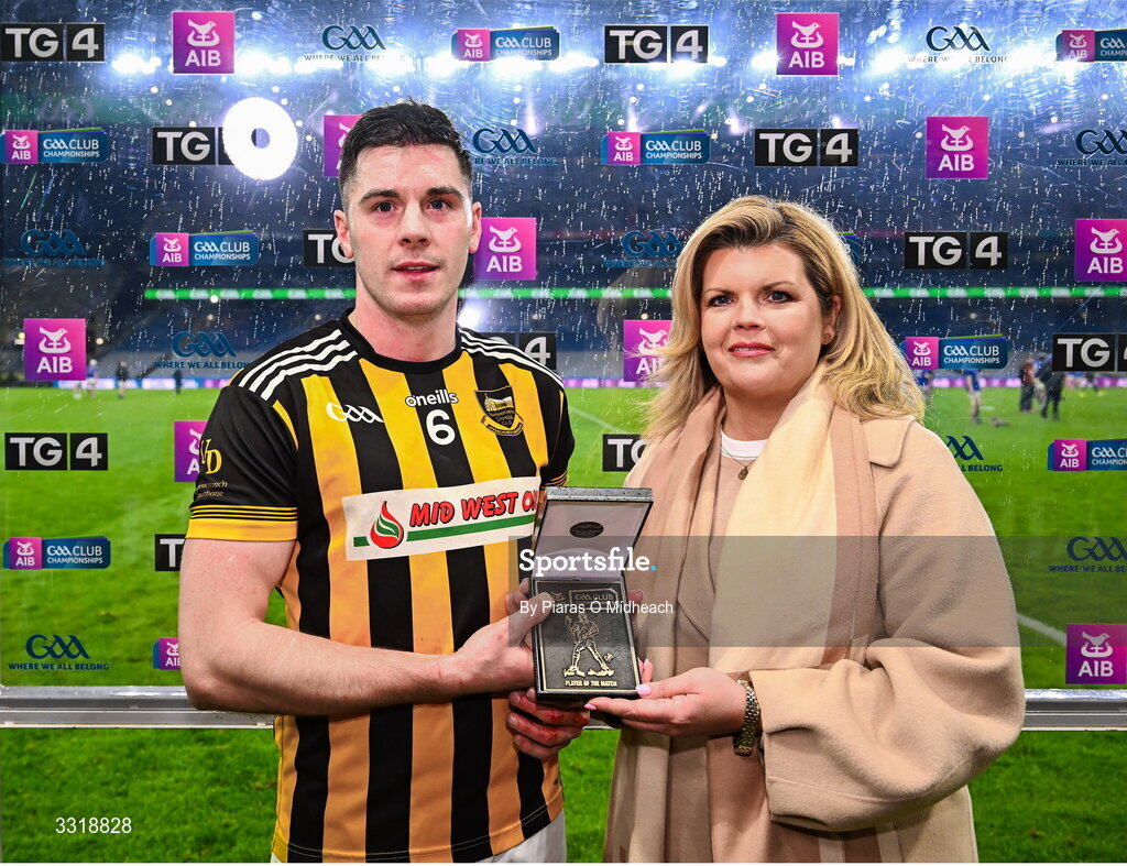 10 January 2026; Gavin Ryan of Upperchurch-Drombane receives the Player of the Match Award from Eimear Fitzgerald, AIB Head of Business Banking Branch Network, representing AIB, after the AIB GAA Hurling All-Ireland Intermediate Club Championship final match between Tooreen of Mayo and Upperchurch-Drombane of Tipperary at Croke Park in Dublin. Photo by Piaras Ó Mídheach/Sportsfile