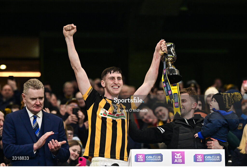 10 January 2026; Upperchurch-Drombane captain Keith Ryan, left, lifts the cup with Paudie Greene of Upperchurch-Drombane after their side's victory in the AIB GAA Hurling All-Ireland Intermediate Club Championship final match between Tooreen of Mayo and Upperchurch-Drombane of Tipperary at Croke Park in Dublin. Photo by Piaras Ó Mídheach/Sportsfile