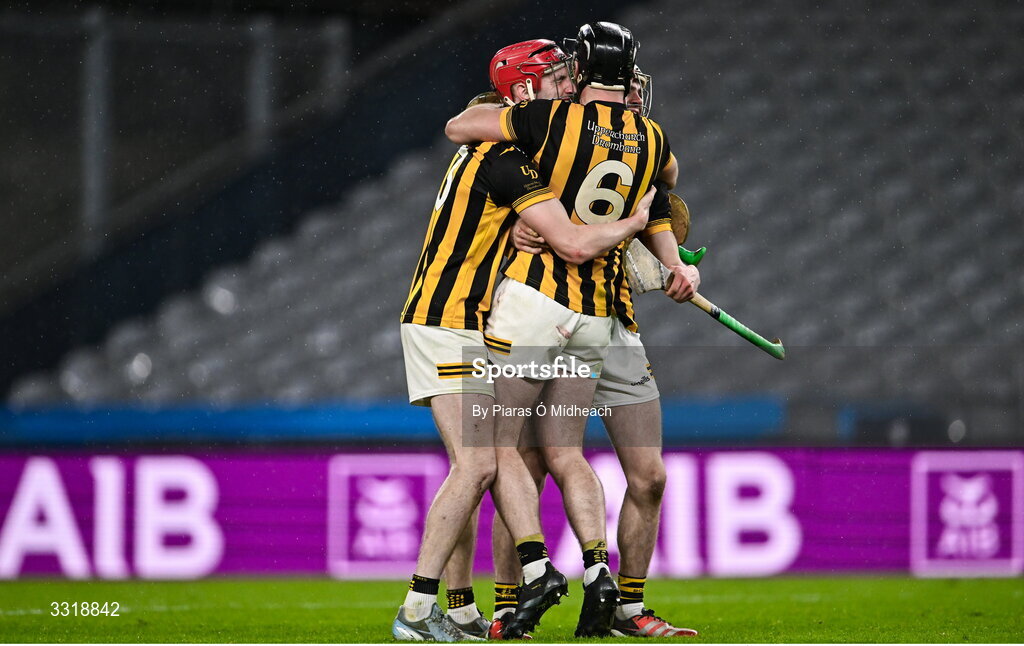 10 January 2026; Upperchurch-Drombane players, from left, Keith Ryan, Gavin Ryan and Mikey Lavery celebrate after their side's victory in the AIB GAA Hurling All-Ireland Intermediate Club Championship final match between Tooreen of Mayo and Upperchurch-Drombane of Tipperary at Croke Park in Dublin. Photo by Piaras Ó Mídheach/Sportsfile
