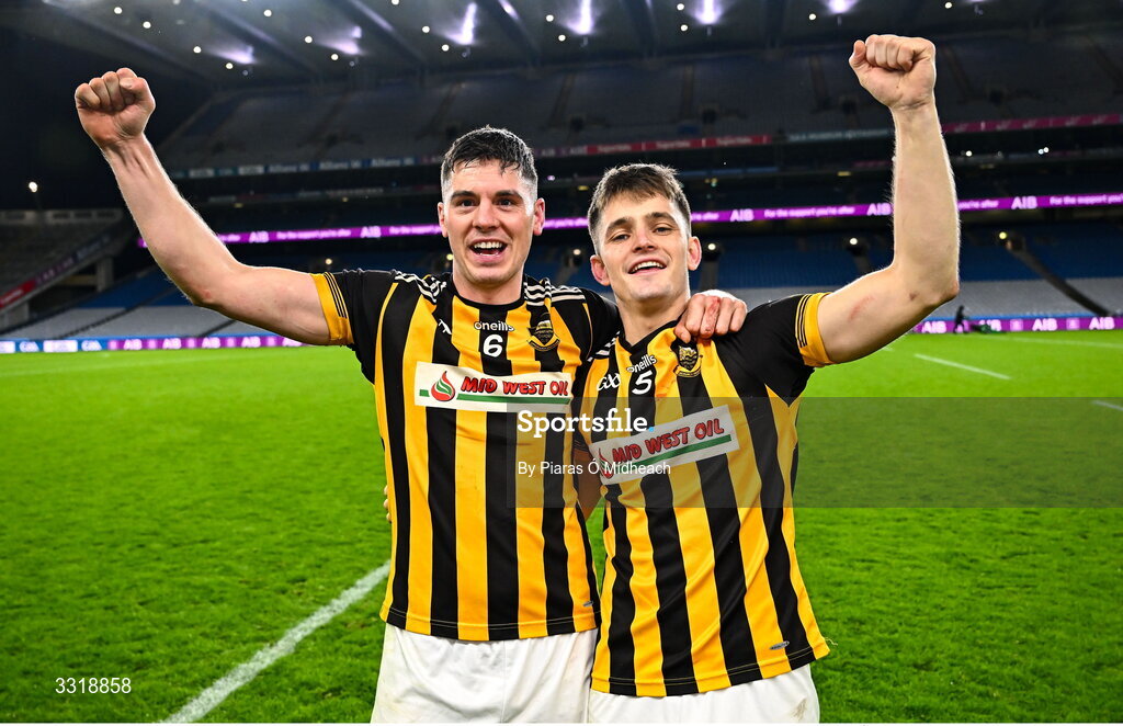 10 January 2026; Gavin Ryan, left, and Niall Grant of Upperchurch-Drombane celebrate after their side's victory in the AIB GAA Hurling All-Ireland Intermediate Club Championship final match between Tooreen of Mayo and Upperchurch-Drombane of Tipperary at Croke Park in Dublin. Photo by Piaras Ó Mídheach/Sportsfile