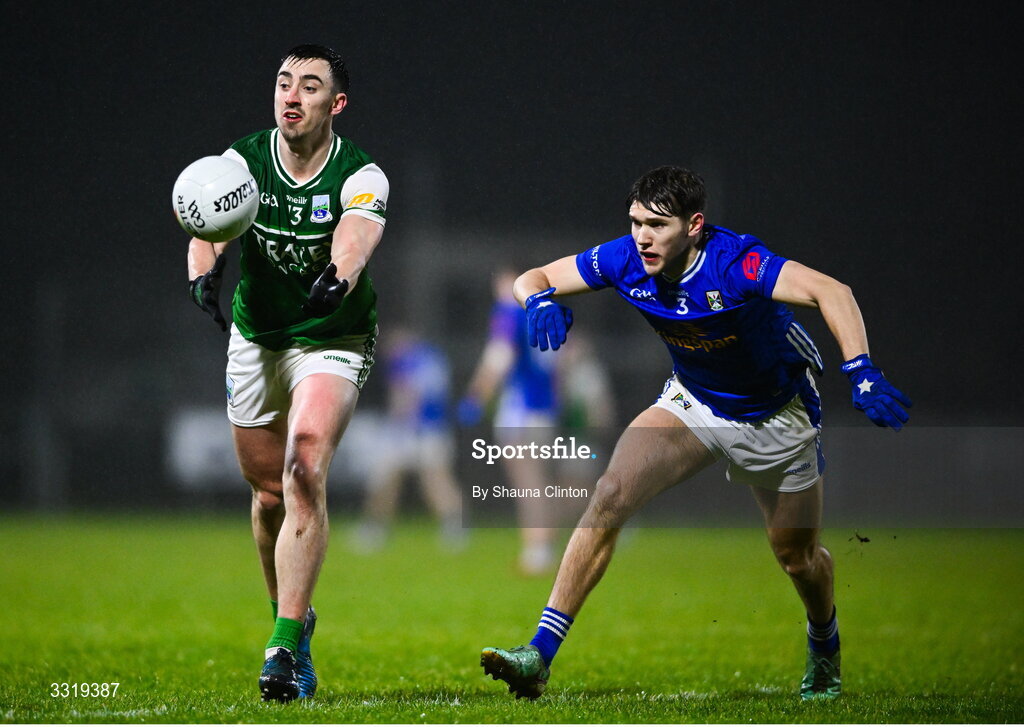 7 January 2026; Garvan Jones of Fermanagh in action against Paddy Meade of Cavan during the Bank of Ireland Dr McKenna Cup match between Fermanagh and Cavan at Tempo Maguires GAC in Tempo, Fermanagh. Photo by Shauna Clinton/Sportsfile