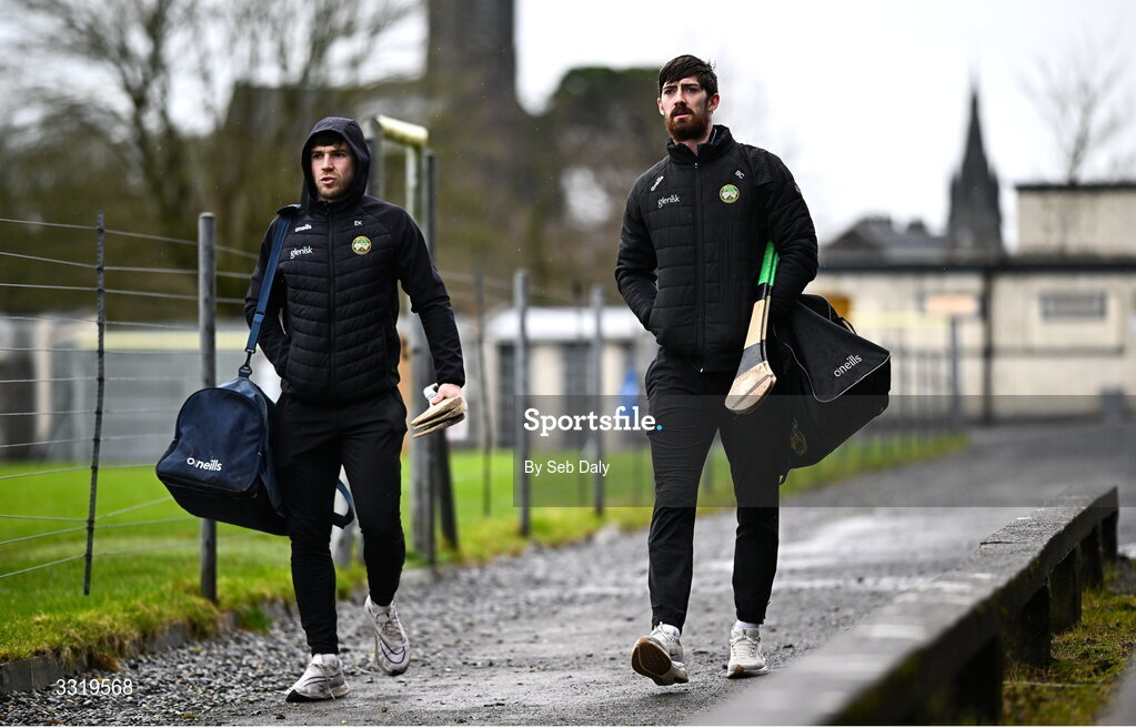 11 January 2026; Offaly players Ben Conneely, right, and Eimhin Kelly arrive before the Dioralyte Walsh Cup semi-final match between Galway and Offaly at Duggan Park in Ballinasloe, Galway. Photo by Seb Daly/Sportsfile