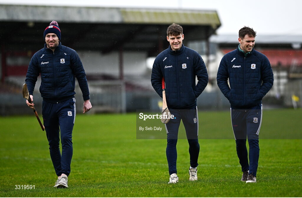 11 January 2026; Galway players, from left, Padraic Mannion, Gavin Lee and goalkeeper Stephen O’Halloran before the Dioralyte Walsh Cup semi-final match between Galway and Offaly at Duggan Park in Ballinasloe, Galway. Photo by Seb Daly/Sportsfile