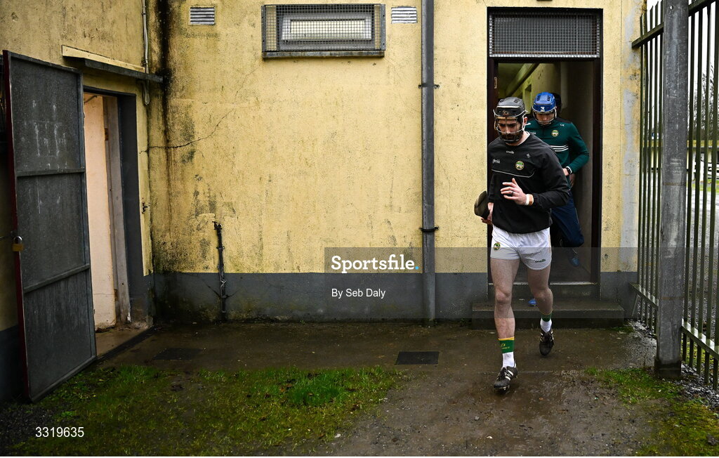 11 January 2026; Ben Conneely of Offaly leads his side out before the Dioralyte Walsh Cup semi-final match between Galway and Offaly at Duggan Park in Ballinasloe, Galway. Photo by Seb Daly/Sportsfile
