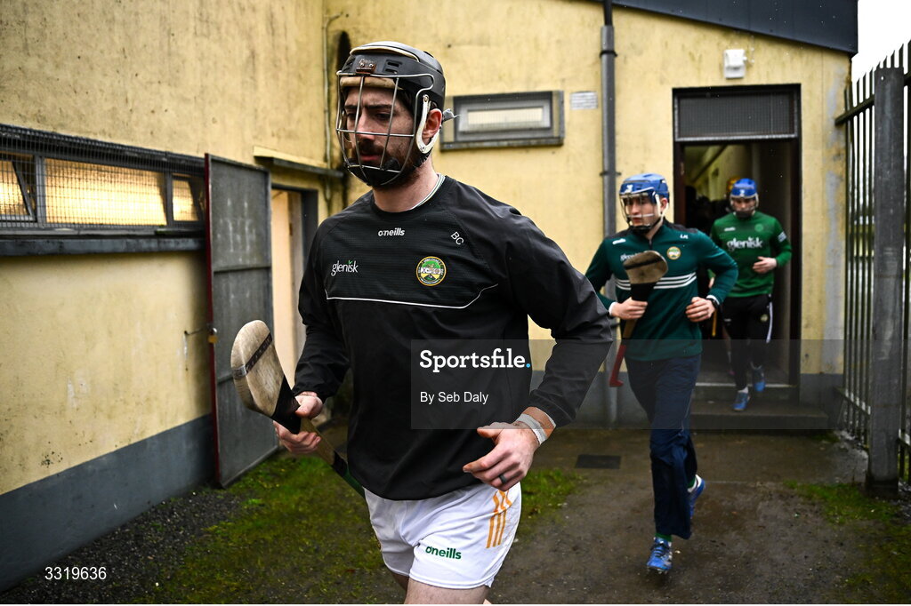 11 January 2026; Ben Conneely of Offaly leads his side out before the Dioralyte Walsh Cup semi-final match between Galway and Offaly at Duggan Park in Ballinasloe, Galway. Photo by Seb Daly/Sportsfile