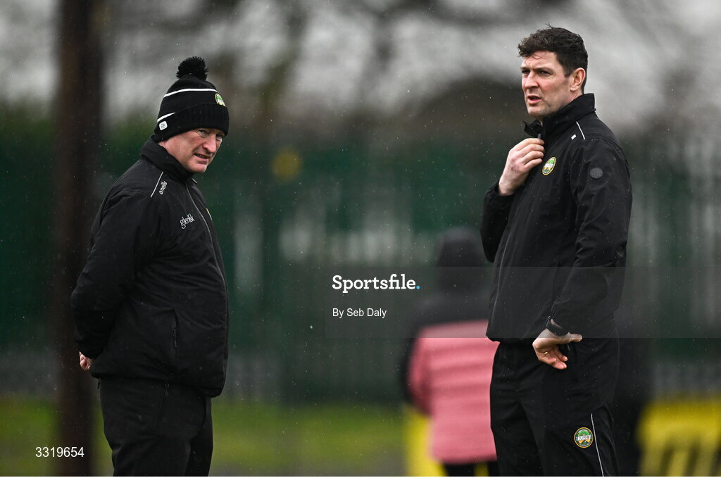 11 January 2026; Offaly manager Johnny Kelly, left, and hurley carrier Séamus Callanan before the Dioralyte Walsh Cup semi-final match between Galway and Offaly at Duggan Park in Ballinasloe, Galway. Photo by Seb Daly/Sportsfile