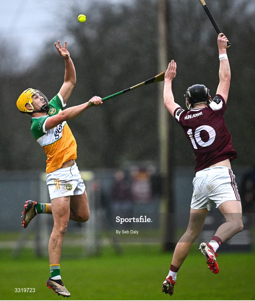 11 January 2026; Conor Doyle of Offaly in action against Darragh Neary of Galway during the Dioralyte Walsh Cup semi-final match between Galway and Offaly at Duggan Park in Ballinasloe, Galway. Photo by Seb Daly/Sportsfile