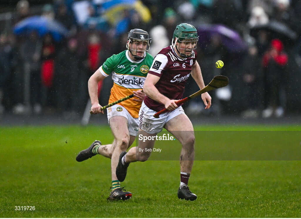 11 January 2026; Gavin Lee of Galway in action against Cathal King of Offaly during the Dioralyte Walsh Cup semi-final match between Galway and Offaly at Duggan Park in Ballinasloe, Galway. Photo by Seb Daly/Sportsfile