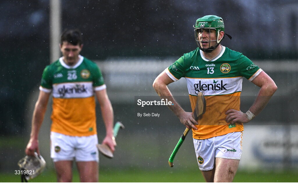 11 January 2026; Brian Duignan of Offaly, right, after his side's defeat in the Dioralyte Walsh Cup semi-final match between Galway and Offaly at Duggan Park in Ballinasloe, Galway. Photo by Seb Daly/Sportsfile
