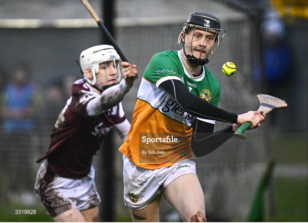 11 January 2026; Ben Miller of Offaly in action against Brian Callanan of Galway during the Dioralyte Walsh Cup semi-final match between Galway and Offaly at Duggan Park in Ballinasloe, Galway. Photo by Seb Daly/Sportsfile