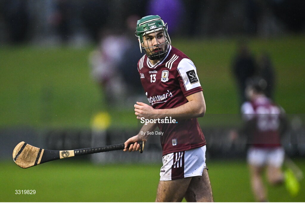 11 January 2026; Aaron Niland of Galway after scoring their side's first goal during the Dioralyte Walsh Cup semi-final match between Galway and Offaly at Duggan Park in Ballinasloe, Galway. Photo by Seb Daly/Sportsfile