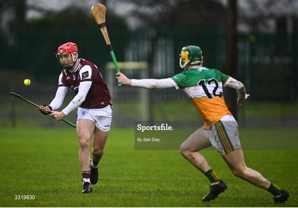 11 January 2026; TJ Brennan of Galway in action against Ter Guinan of Offaly during the Dioralyte Walsh Cup semi-final match between Galway and Offaly at Duggan Park in Ballinasloe, Galway. Photo by Seb Daly/Sportsfile