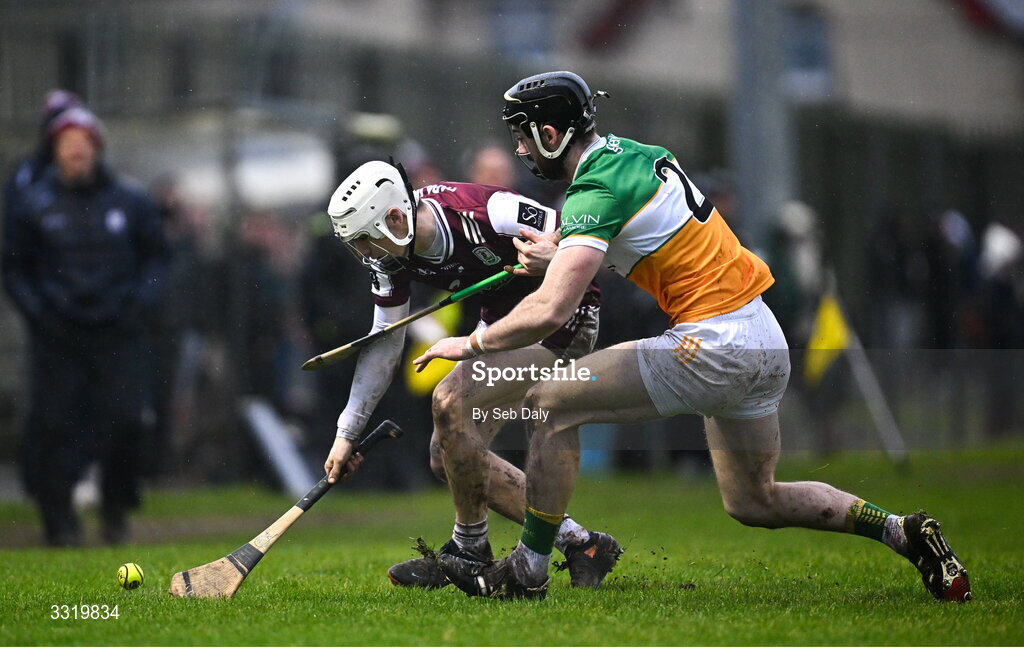 11 January 2026; Declan McLaughlin of Galway in action against Ben Conneely of Offaly during the Dioralyte Walsh Cup semi-final match between Galway and Offaly at Duggan Park in Ballinasloe, Galway. Photo by Seb Daly/Sportsfile