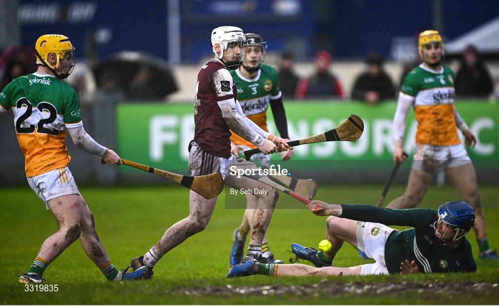 11 January 2026; Declan McLaughlin of Galway has a shot on goal saved by Offaly goalkeeper Liam Hoare during the Dioralyte Walsh Cup semi-final match between Galway and Offaly at Duggan Park in Ballinasloe, Galway. Photo by Seb Daly/Sportsfile