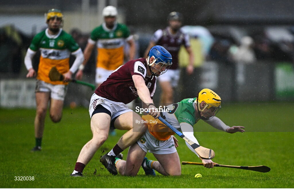 11 January 2026; Patrick Taaffe of Offaly in action against Brian Callanan of Galway during the Dioralyte Walsh Cup semi-final match between Galway and Offaly at Duggan Park in Ballinasloe, Galway. Photo by Seb Daly/Sportsfile