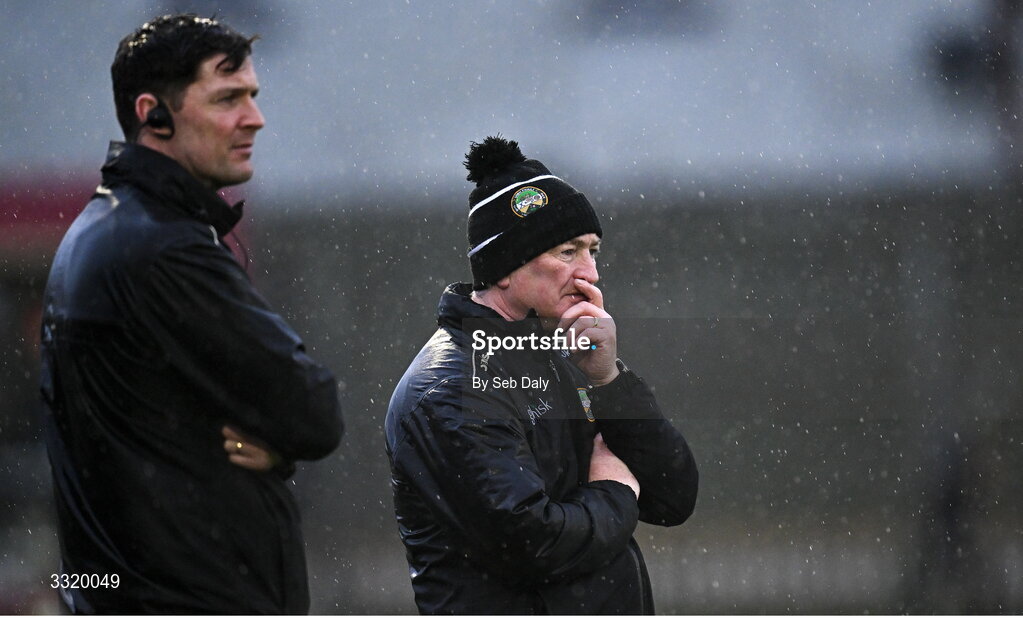 11 January 2026; Offaly manager Johnny Kelly, right, and hurley carrier Séamus Callanan during the Dioralyte Walsh Cup semi-final match between Galway and Offaly at Duggan Park in Ballinasloe, Galway. Photo by Seb Daly/Sportsfile