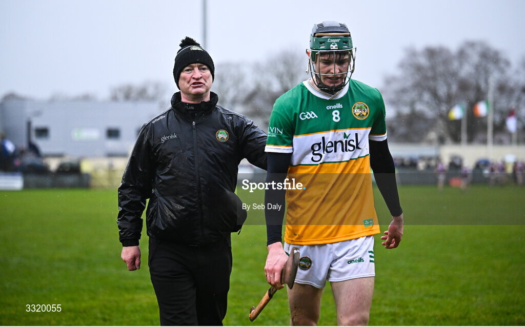 11 January 2026; Offaly manager Johnny Kelly and Ross Ravenhill during the Dioralyte Walsh Cup semi-final match between Galway and Offaly at Duggan Park in Ballinasloe, Galway. Photo by Seb Daly/Sportsfile