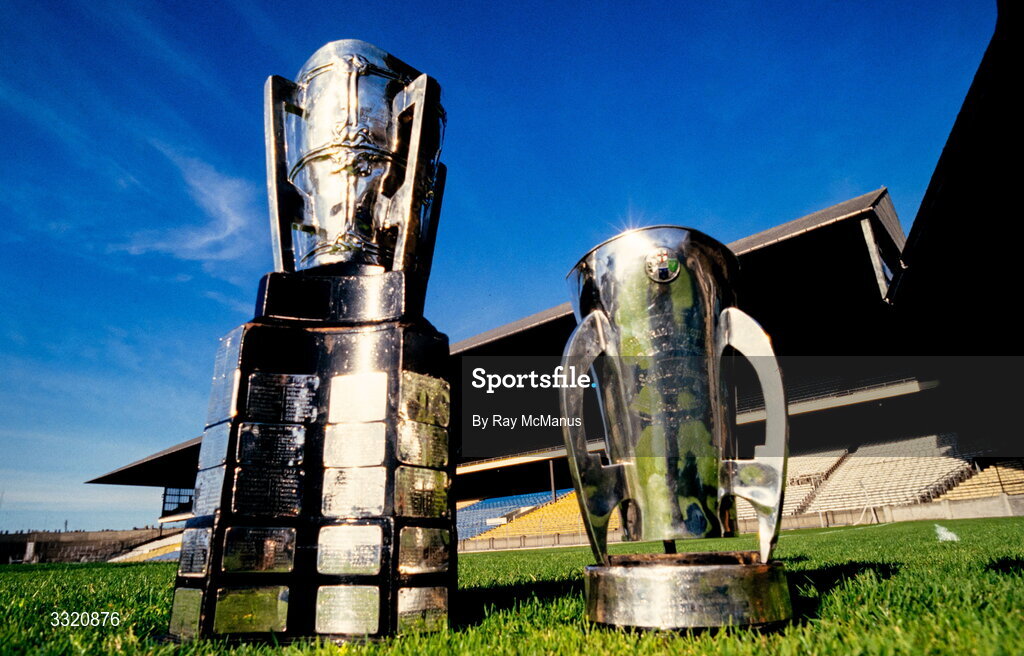 7 September 1986; A general view of The Hogan Stand with the Irish Press Cup, right, and the Liam MacCarthy Cup on the pitch ahead of the GAA Hurling All-Ireland Senior Championship final match between Cork and Galway at Croke Park, Dublin. Photo by Ray McManus/Sportsfile
