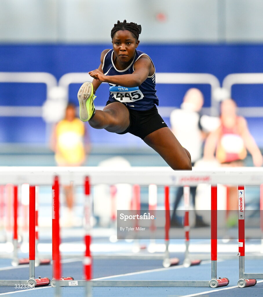 18 January 2026; Sophia Nwaedozie of Belgooly A.C., Cork, competes in the girls u15 60m hurdles during day two of the 123.ie National Indoor AAI Games and Combined Events at the National Indoor Arena on the Sport Ireland Campus in Dublin.  Photo by Tyler Miller/Sportsfile