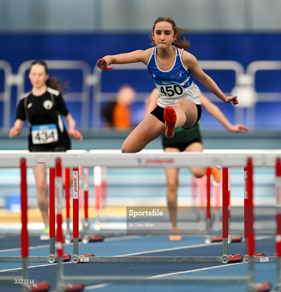 18 January 2026; Emily Kidd of St. Laurence O’Toole A.C., Carlow, competes in the girls u15 60m hurdles during day two of the 123.ie National Indoor AAI Games and Combined Events at the National Indoor Arena on the Sport Ireland Campus in Dublin.  Photo by Tyler Miller/Sportsfile