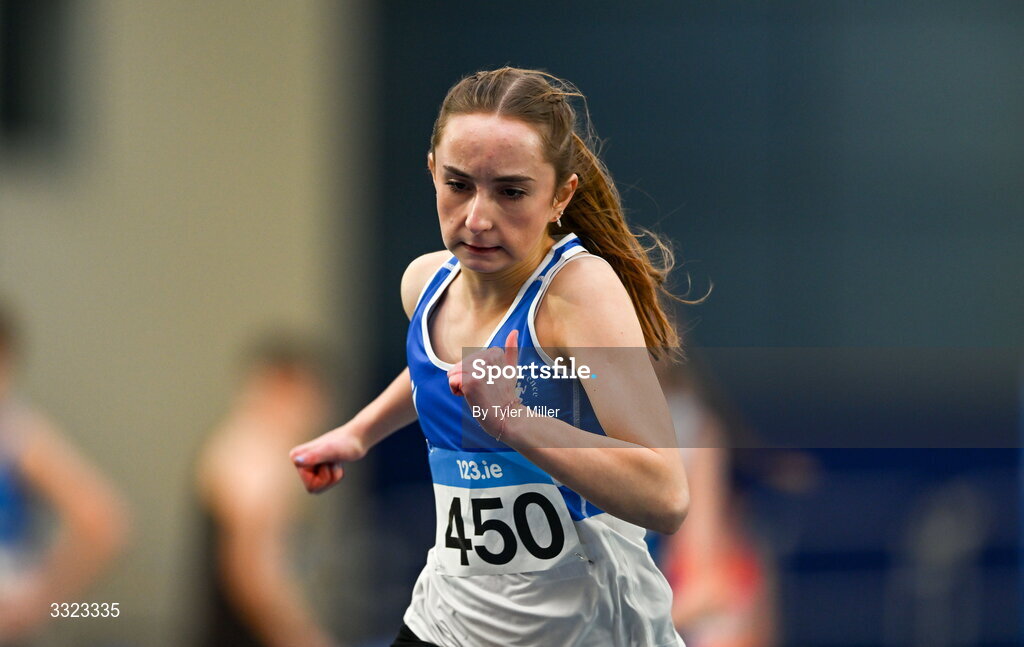 18 January 2026; Emily Kidd of St. Laurence O’Toole A.C., Carlow, competes in the girls u15 60m hurdles during day two of the 123.ie National Indoor AAI Games and Combined Events at the National Indoor Arena on the Sport Ireland Campus in Dublin.  Photo by Tyler Miller/Sportsfile