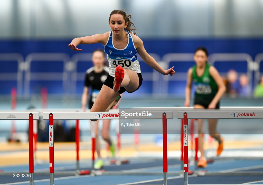 18 January 2026; Emily Kidd of St. Laurence O’Toole A.C., Carlow, competes in the girls u15 60m hurdles during day two of the 123.ie National Indoor AAI Games and Combined Events at the National Indoor Arena on the Sport Ireland Campus in Dublin.  Photo by Tyler Miller/Sportsfile