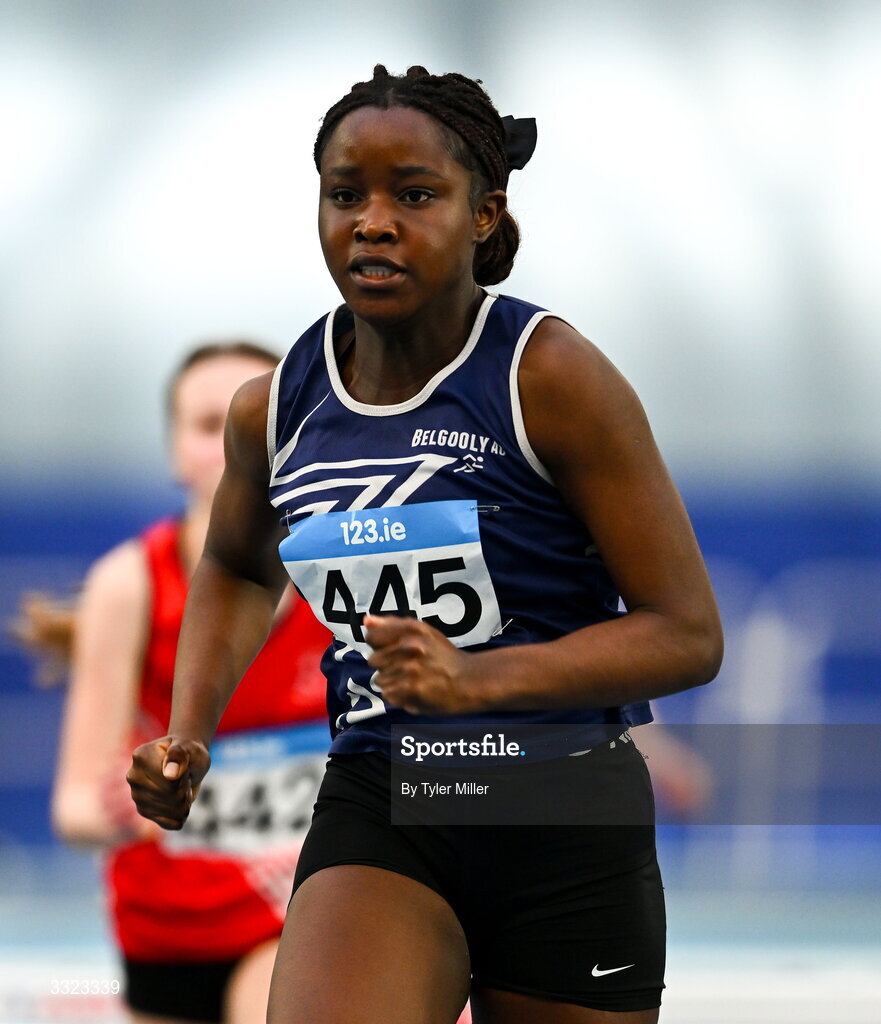 18 January 2026; Sophia Nwaedozie of Belgooly A.C., Cork, competes in the girls u15 60m hurdles during day two of the 123.ie National Indoor AAI Games and Combined Events at the National Indoor Arena on the Sport Ireland Campus in Dublin.  Photo by Tyler Miller/Sportsfile