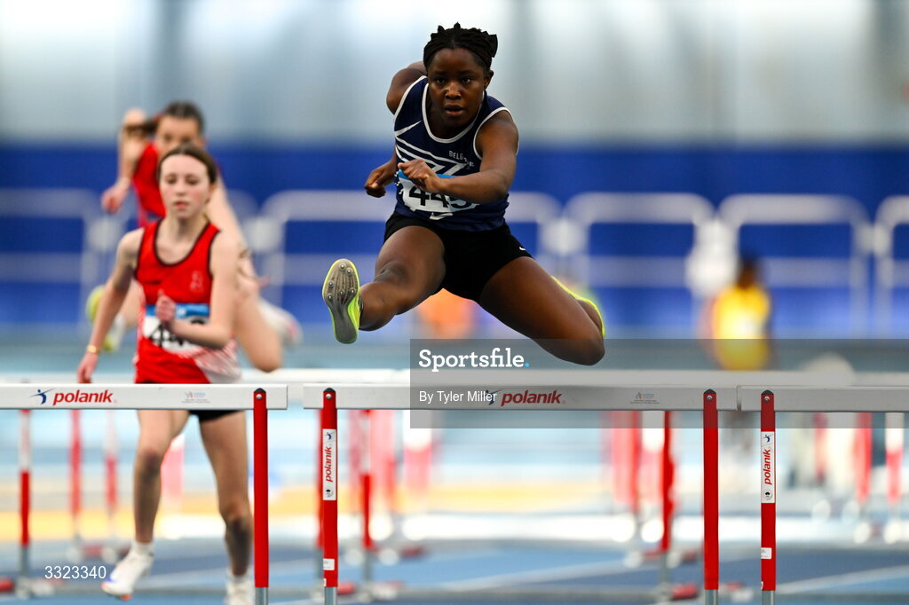 18 January 2026; Sophia Nwaedozie of Belgooly A.C., Cork, competes in the girls u15 60m hurdles during day two of the 123.ie National Indoor AAI Games and Combined Events at the National Indoor Arena on the Sport Ireland Campus in Dublin.  Photo by Tyler Miller/Sportsfile