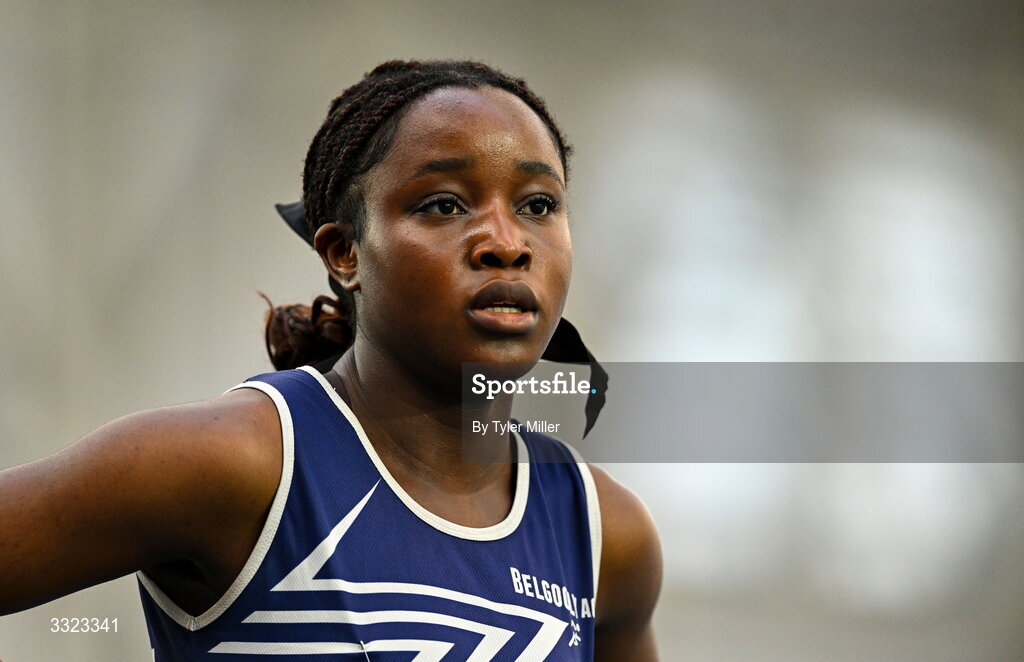 18 January 2026; Sophia Nwaedozie of Belgooly A.C., Cork, competes in the girls u15 60m hurdles during day two of the 123.ie National Indoor AAI Games and Combined Events at the National Indoor Arena on the Sport Ireland Campus in Dublin.  Photo by Tyler Miller/Sportsfile