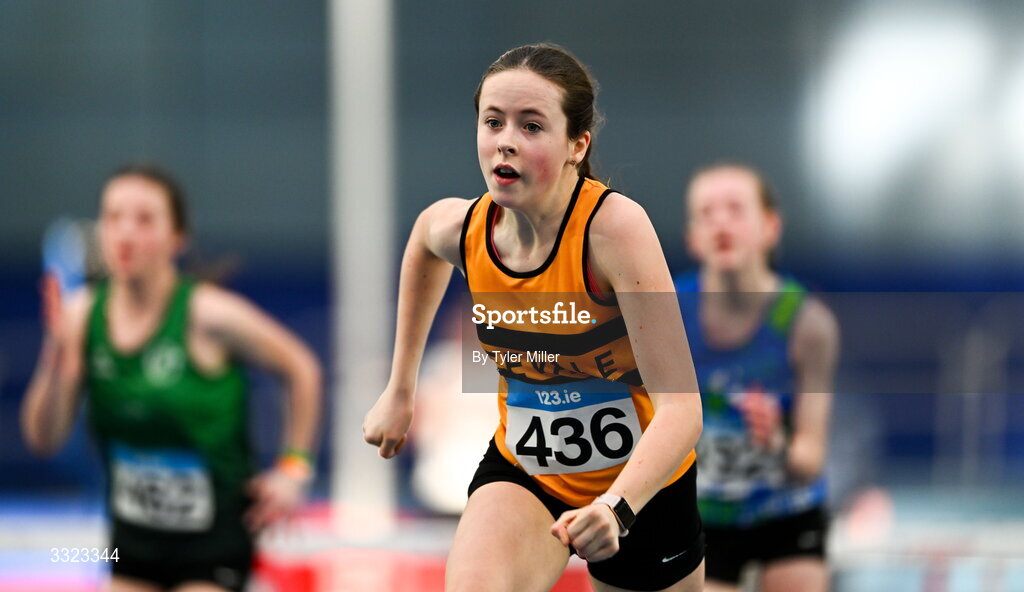 18 January 2026; Aideen Hegarty of Leevale A.C., Cork, competes in the girls u15 60m hurdles during day two of the 123.ie National Indoor AAI Games and Combined Events at the National Indoor Arena on the Sport Ireland Campus in Dublin.  Photo by Tyler Miller/Sportsfile