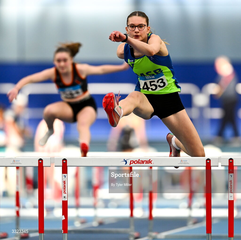 18 January 2026; Julia Barciszyn of Metro/St. Brigids A.C., Dublin, competes in the girls u15 60m hurdles during day two of the 123.ie National Indoor AAI Games and Combined Events at the National Indoor Arena on the Sport Ireland Campus in Dublin.  Photo by Tyler Miller/Sportsfile