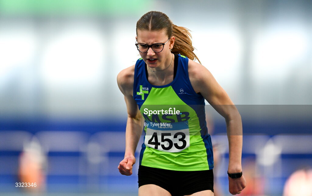 18 January 2026; Julia Barciszyn of Metro/St. Brigids A.C., Dublin, competes in the girls u15 60m hurdles during day two of the 123.ie National Indoor AAI Games and Combined Events at the National Indoor Arena on the Sport Ireland Campus in Dublin.  Photo by Tyler Miller/Sportsfile