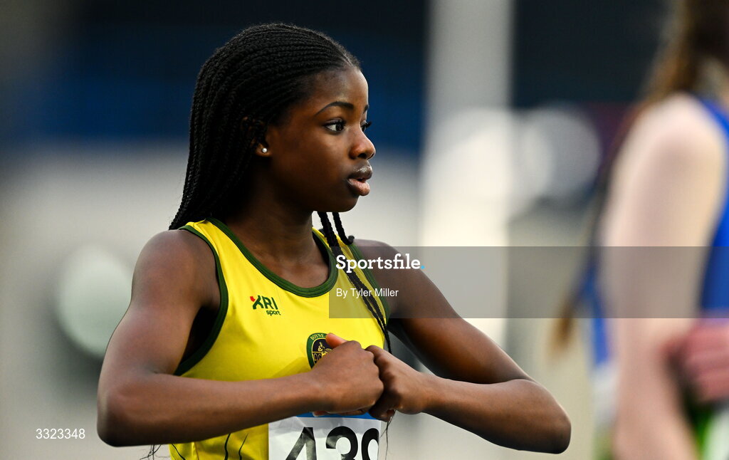 18 January 2026; Hila Raji of Boyne A.C., Louth, after competing in the girls u15 60m hurdles during day two of the 123.ie National Indoor AAI Games and Combined Events at the National Indoor Arena on the Sport Ireland Campus in Dublin.  Photo by Tyler Miller/Sportsfile
