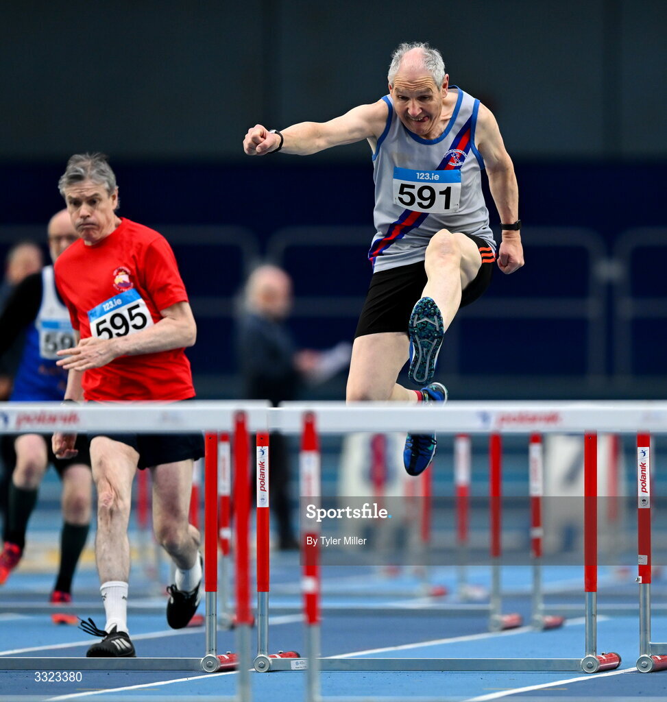 18 January 2026; Peadar McGing of Dundrum South Dublin A.C., Dublin, competes in the men's over 60 60m hurdles during day two of the 123.ie National Indoor AAI Games and Combined Events at the National Indoor Arena on the Sport Ireland Campus in Dublin.  Photo by Tyler Miller/Sportsfile